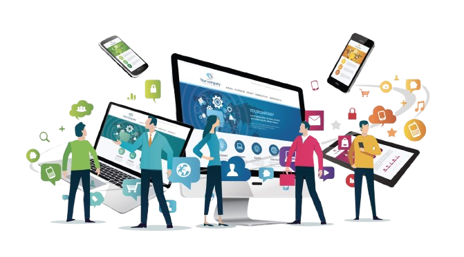 Dessin qui représente des personnes avec derrière des outils numériques